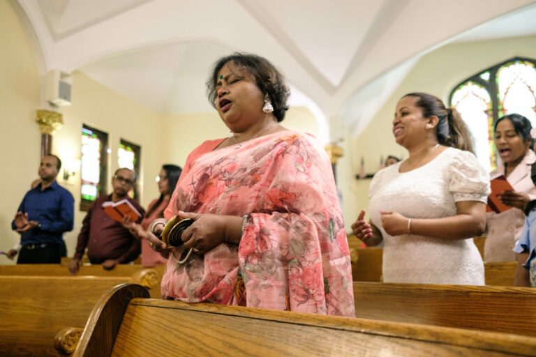 Pastor Prodip's wife, Kathryn, during worship at All Nations Baptist Church Bangla Division.